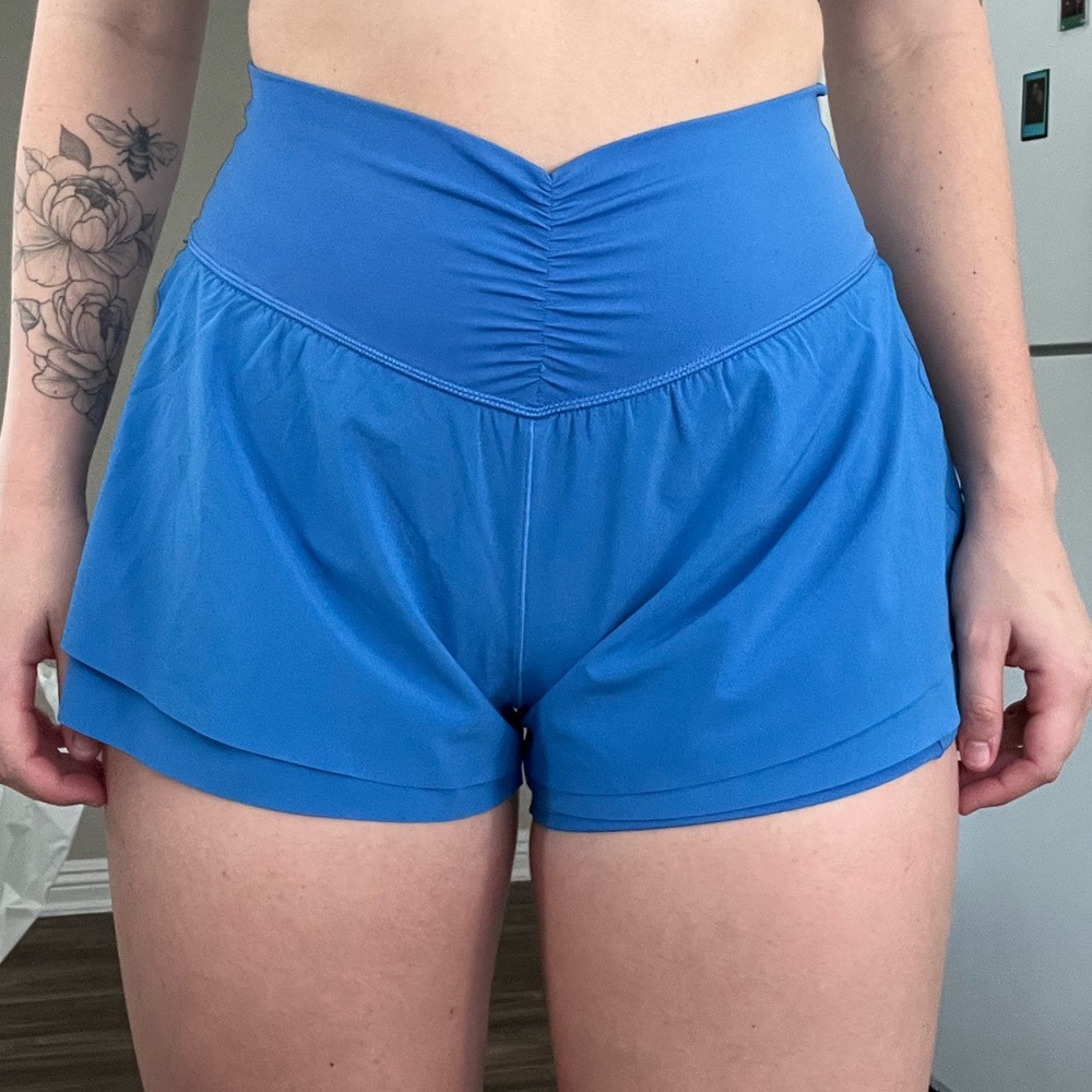 Blue AERIE Flowy Workout Shorts, Built in shorts, pockets